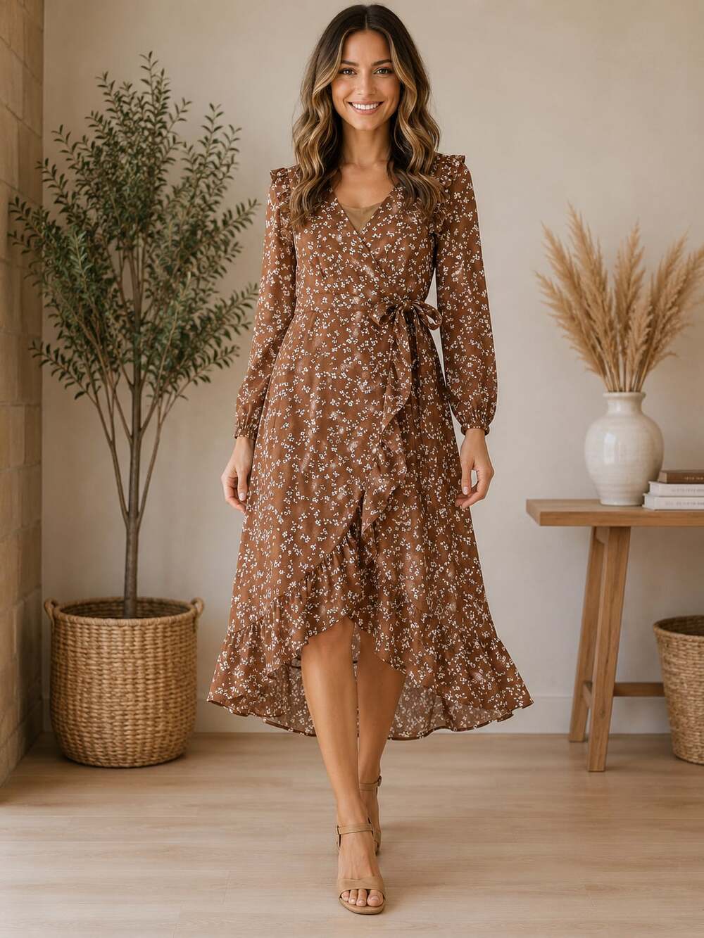 Brown Floral Wrap Midi Dress with Ruffle Hem